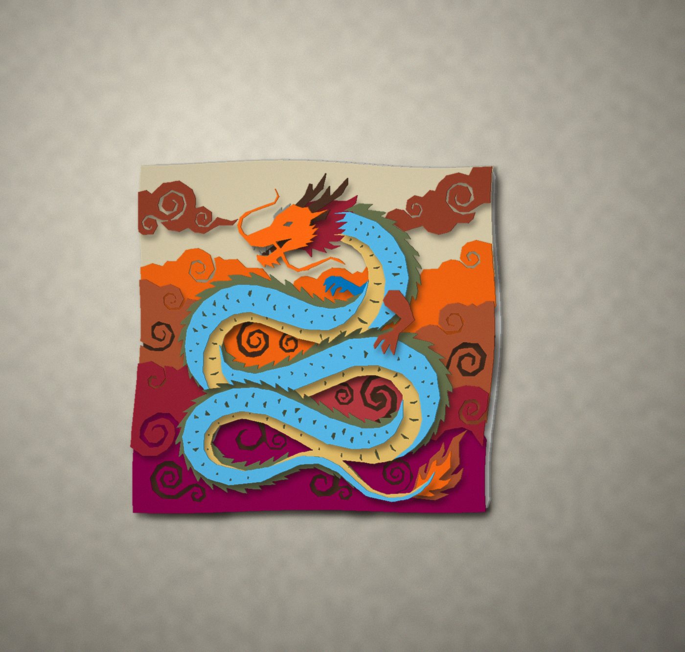 The Coiled Dragon on a stone-coloured wall, seen from the left